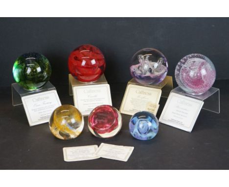 Seven Caithness glass paperweights to include Mooncrystal, Pastel, 40th Anniversary of Queen Elizabeth's Accessio, Crucible, 