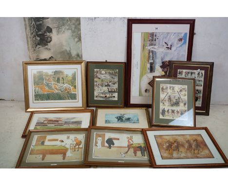 Collection of Eleven Pictures including Three Victorian Coloured Illustrations of Sports on Ice, River Swimming and Scottish 