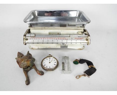 Lot to include a vintage door knocker in the form of a fox, silver cased pocket watch (A/F), vintage lighter and other. 