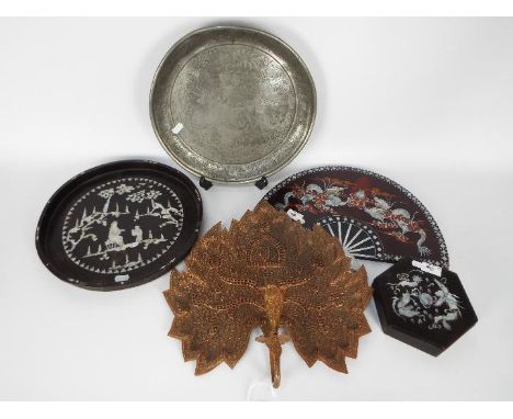 Lot to include a wall mountable candle holder, Kut Hing Swatow pewter tray, inlaid trinket box and similar. [5]