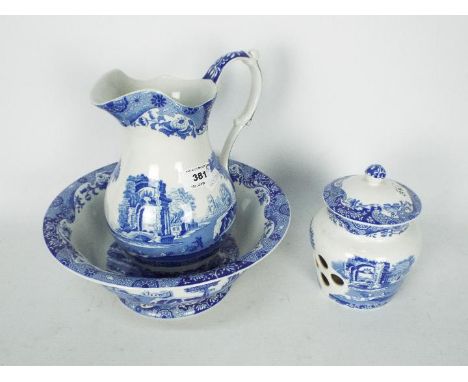 A Spode Italian blue and white wash bowl and jug (jug 20 cm height) and a garlic pot. [3]Condition Report: Appears in good co