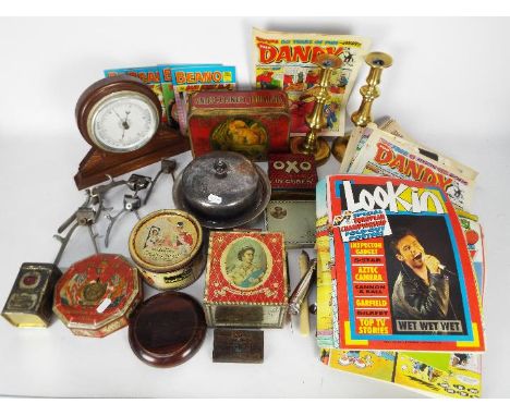 Mixed lot to include vintage tins, plated ware, barometer, vintage comics and other.