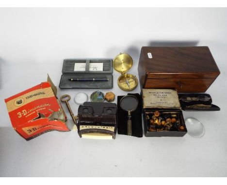 Mixed collectables to include wooden box, brass sundial compass, boxed View-Master and similar.
