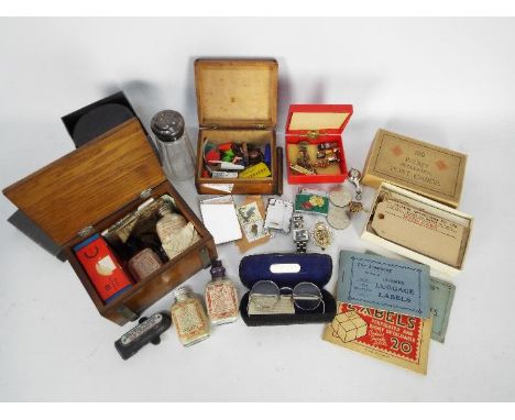 Mixed lot to include enamel pin badges, watch, trinket boxes, silver topped glass sugar shaker, commemorative crowns, vintage
