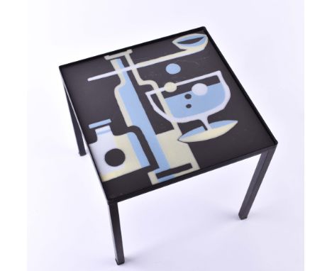 Vintage Designertisch Frankreich früher 60er JahreMetallrahmen und Keramikbildplatte, H: 30,5 cm, Keramikplatte: 30,5 cm x 30