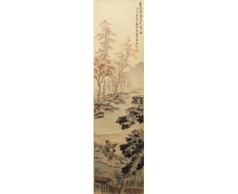 A CHINESE HANGING SCROLL PICTURE, decorated with a sage and boy attendant in a river landscape setting, the picture itself ap