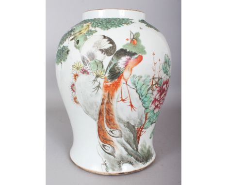 AN EARLY 20TH CENTURY CHINESE FAMILLE ROSE REPUBLIC PERIOD PORCELAIN VASE, painted with calligraphy and with a peacock and a 