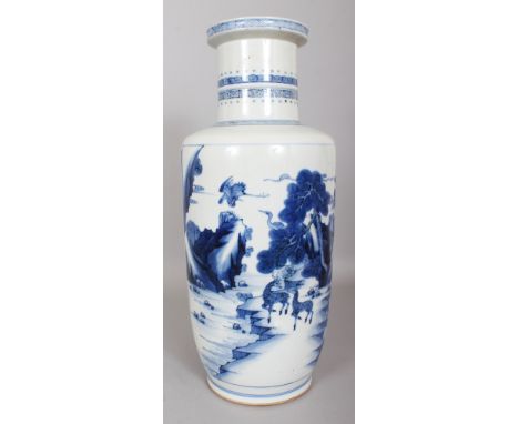 A LARGE GOOD QUALITY CHINESE KANGXI STYLE BLUE & WHITE PORCELAIN ROULEAU VASE, decorated with two river landscape scenes, 17.