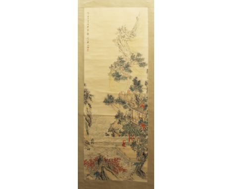 ANOTHER CHINESE HANGING SCROLL PICTURE, decorated with a sage and boy attendant in a pavilion observing the foaming waves of 
