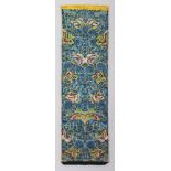 A PAIR OF FINE QUALITY 19TH CENTURY CHINESE EMBROIDERED SILK BUTTERFLY & LOTUS SLEEVE PANELS, sewn
