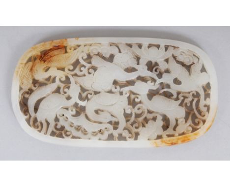 A CHINESE WHITE JADE-LIKE PIERCED OVAL PLAQUE, 5in x 2.75in at widest points.
