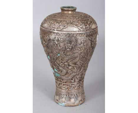 A 20TH CENTURY CHINESE SILVERED METAL MEIPING DRAGON VASE, the base with a four character Ming mark, 6.7in high.