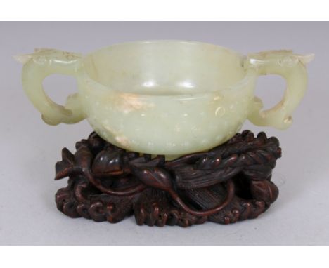 A GOOD QUALITY 17TH CENTURY CHINESE LATE MING DYNASTY CELADON JADE TWO HANDLED CUP, together with a good quality carved and p