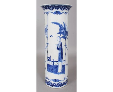 A 19TH CENTURY CHINESE BLUE & WHITE PORCELAIN SLEEVE VASE, the base with a four-character Kangxi mark, 14.1in high.