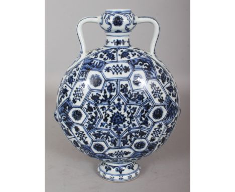 A CHINESE MING STYLE BLUE & WHITE PORCELAIN MOON FLASK, decorated with a variety of small interlocking panels, 7.9in wide at 