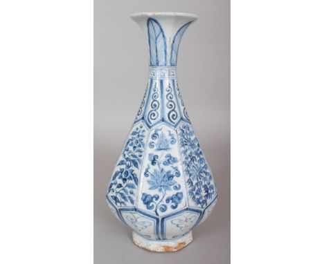 A CHINESE MING STYLE BLUE & WHITE YUHUCHUNPING HEXAGONAL PORCELAIN VASE, decorated with lozenge-form panels of foliage betwee