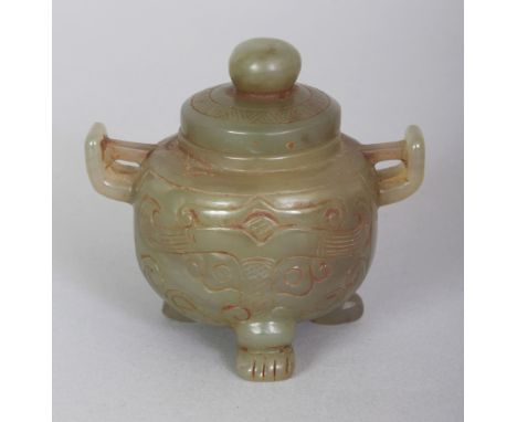 A MINIATURE CHINESE CELADON JADE TRIPOD CENSER & COVER, 2.6in wide including handles & 2.5in high overall.