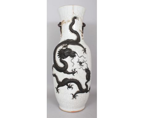 A LARGE 19TH CENTURY CHINESE CRACKLEGLAZE PORCELAIN DRAGON VASE, the base with an incised Chenghua mark, 24.2in high.