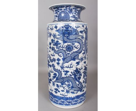 A LARGE CHINESE BLUE & WHITE PORCELAIN DRAGON VASE, the base with a six-character Kangxi mark, 17.3in high.