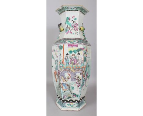 A LARGE 19TH CENTURY CHINESE HEXAGONAL SECTION FAMILLE ROSE PORCELAIN VASE, painted with an assemblage of objects and with an