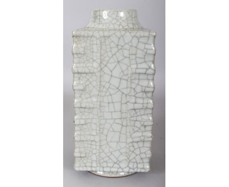 A CHINESE GE TYPE PORCELAIN VASE, with moulded corners, the base with a Yongzheng seal mark, 4.75in square & 10.3in high.