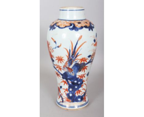 A GOOD CHINESE IMARI KANGXI PERIOD BALUSTER PORCELAIN VASE, circa 1700, painted with a pheasant perched on rockwork beside pe