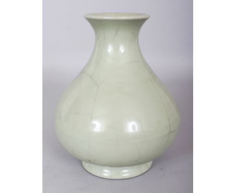 A CHINESE GE STYLE CELADON GLAZED YUHUCHUNPING CRACKLEGLAZE PORCELAIN VASE, the base with a Yongzheng seal mark, 8in high.