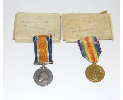 A WW1 medal pair with boxes etc named to M2-149451 Private D Dangerfield of the Army Service Corps