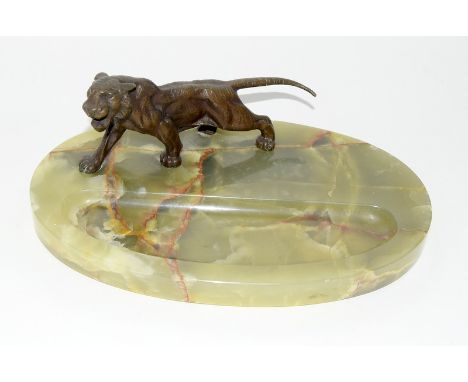 Asprey Art Deco Bronze Tiger Mounted on an Onyx Desk pen tray circa 1920