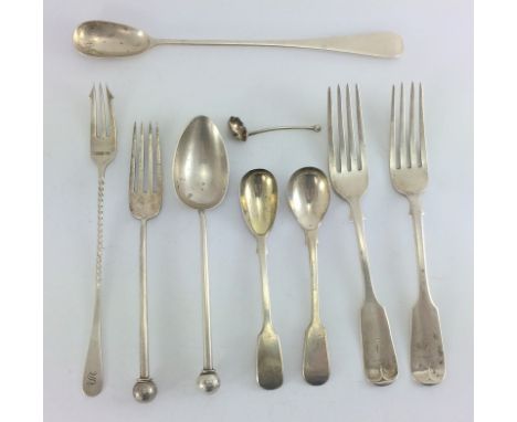 Mixed silver items to include matching fork and spoon with engraved finials hallmarked Sheffield 1886 by Martin Hall & co. We