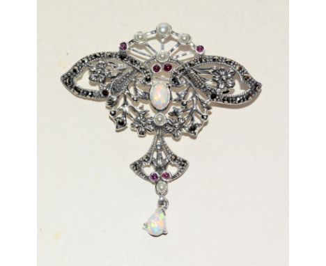 Silver Art Nouveau style plique a jour butterfly brooch with opal drop