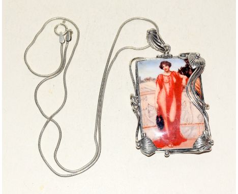 Silver and enamel Art Deco style ceramic plaque on silver chain
