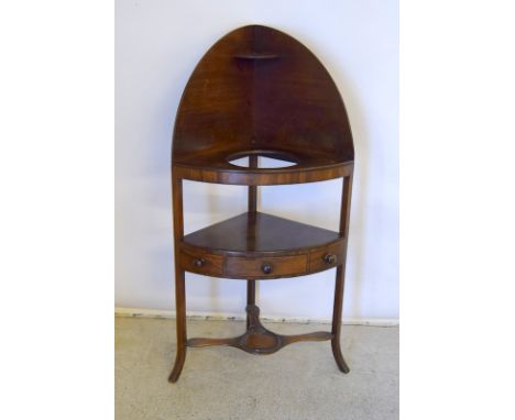 Georgian mahogany corner wash stand with splayed feet, under shelf and drawer. 130 x 45cm