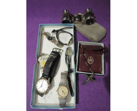 A small selection of wrist watches including Ingersoll and Rotary, a cased set of rosary beads etc
