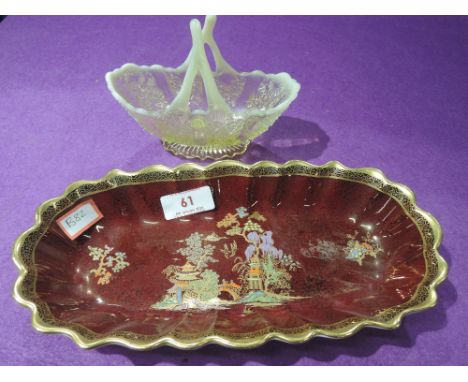 A Carltonware dish having gilt heightened chinoiserie decoration on rouge royale ground and a 19th century vaseline glass bas
