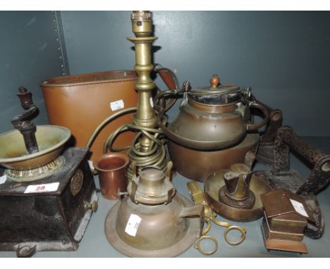 A selection of kitchen wares including Kenrick cast coffee grinder or mill