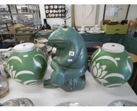 A PAIR OF LARGE CERAMIC GREEN AND WHITE GLAZED VASES AND A LARGE GREEN GLAZED CERAMIC FROG