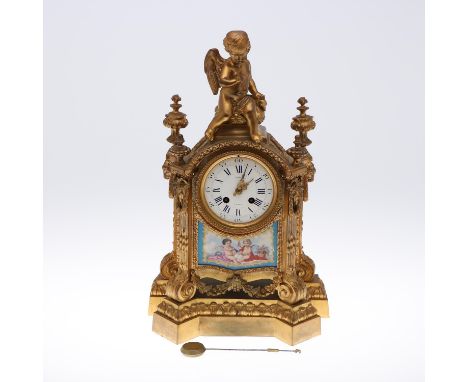 the 4 1/4" porcelain dial signed Villard a Paris, on a brass eight day movement striking half hourly to a bell, the case with