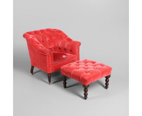 upholstered in rose velour on turned mahogany legs and brass castors, with George Smith tag to the underside, height 83cm, se