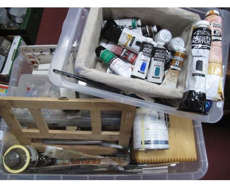 Artists Paint Brushes, gouache paints, Windsor Newton artists paints, Windsor Newton storage chest, etc, small artists easel.