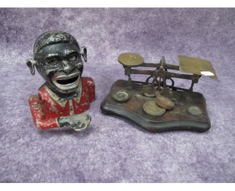 Starkie's Money Box, Edwardian postal scales plus weights, Huntley &amp; Palmers tin.