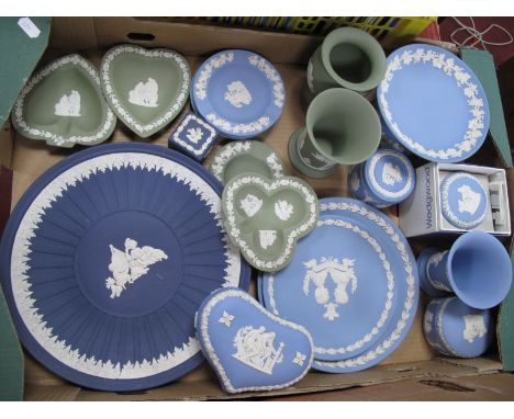 Wedgwood Jasperware - Dark blue plate 26cm diameter and cube box, powder blue trinket boxes, Tazza, ashtrays, green vases, et
