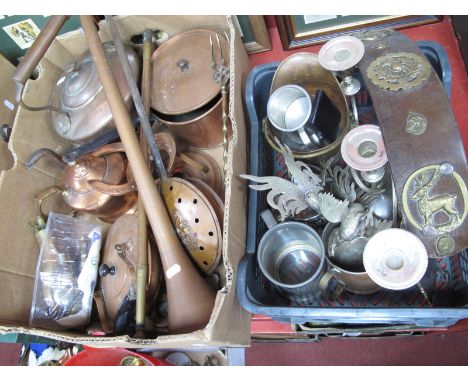 XIX Century Copper Kettles.S &amp; Co example, copper powder flask, hip flask, coaching horn, horse brasses, etc:- Two Boxes.