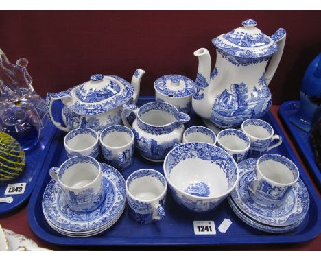 Spode Italian Coffee Pot, tea pot, cups, saucers, jug, preserve jar, twenty one pieces.