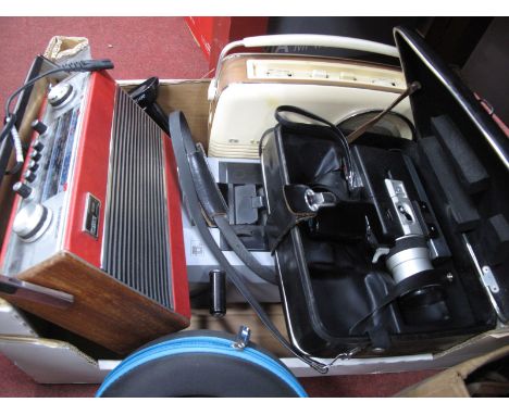 Bush Radio, Olivetti calculator, Canon cine camera, cased, Roberts radio SMS headphones:- One Box.