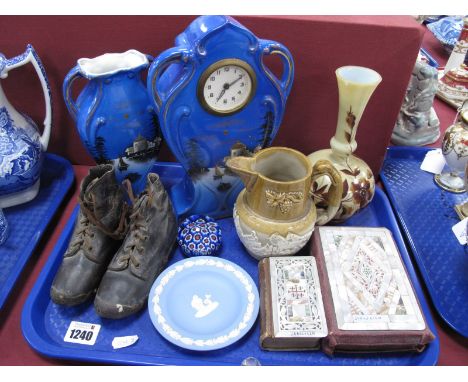 XIX Century Child's Leather Clogs, mother of pearl backed bible and prayer book, Shaw and Copestake 'Moonlight Ware' part clo