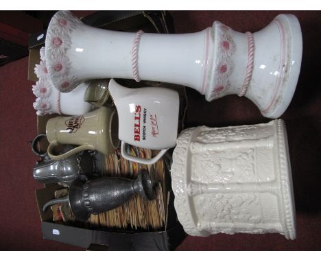 Wade and Other Whisky Water Jugs, pewter collection of beer mats, pottery jardiniere and jardiniere on stand:- One Box