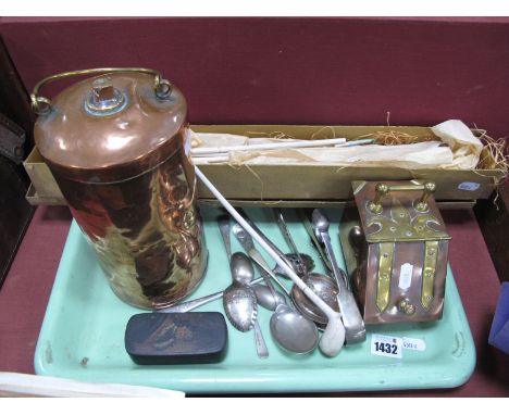 A XIX Century Copper Canister,miniature copper cola scuttle, XIX Century lacquer snuff box, cutlery, clay pipes:-One Tray.