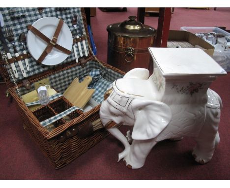 A Wicker Hamper, log bucket, pottery elephant.