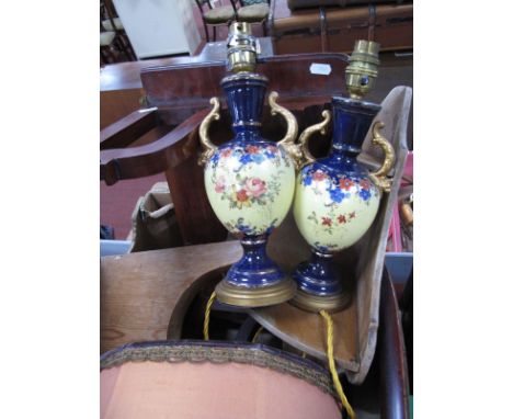 A Pair of Ceramic Table Lamps, mahogany and two pine shelf units, oval wall mirror.